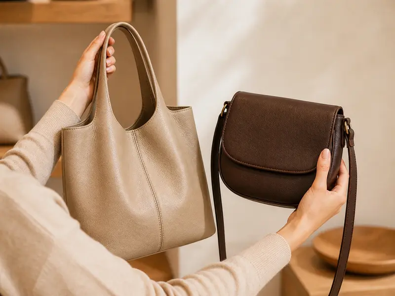 Woman choosing between several Misako bags in a shop